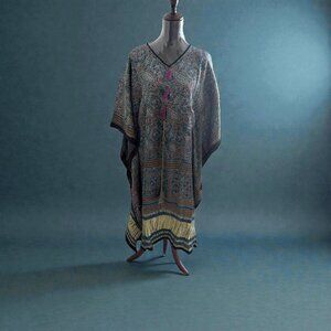 Vintage-Style Blue Ajrakh Hand-Block Printed Silk Kaftan